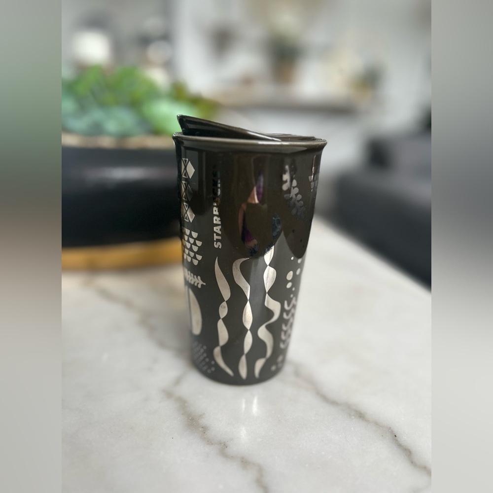Starbucks Anniversary Silver Black Siren Coffee Ceramic Tumbler Traveler 12 oz